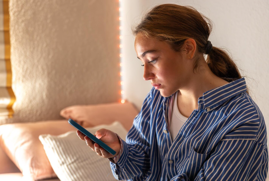 Woman affected by a personal story on smartphone